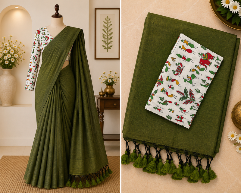 Khadi Cotton Saree with Kalamkari Blouse | Mehandi Green | Sri Nandhini Tex | Code: SNTCK104