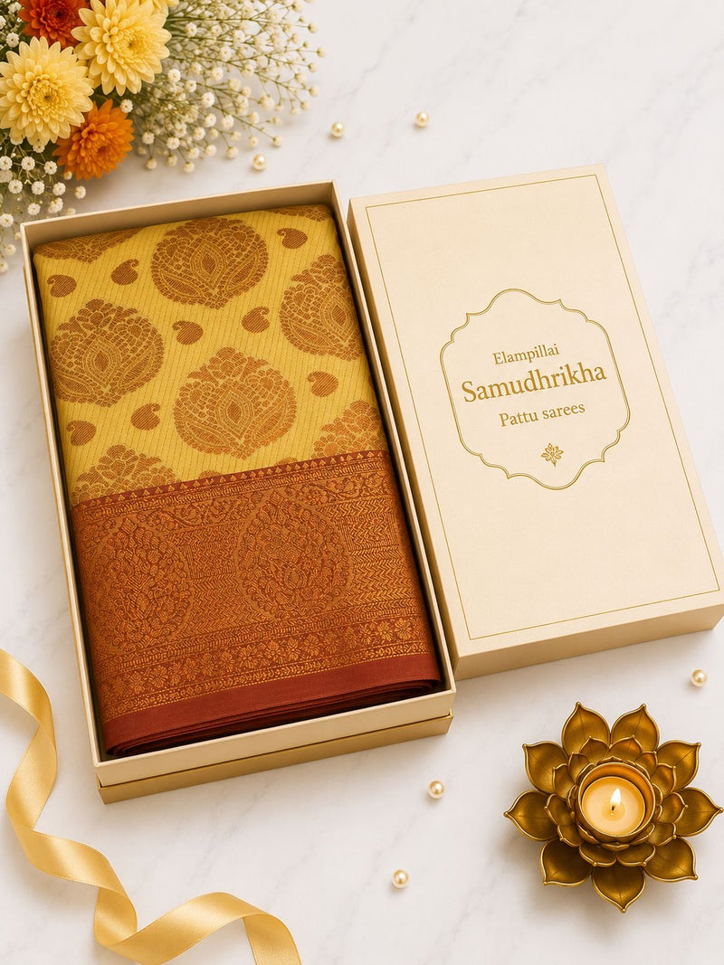Premium Elampillai Samudhrikha Pattu Saree – Mustard Yellow with Copper Gold Border | Traditional Wedding Silk Saree | Sri Nandhini Tex | SNTSP002