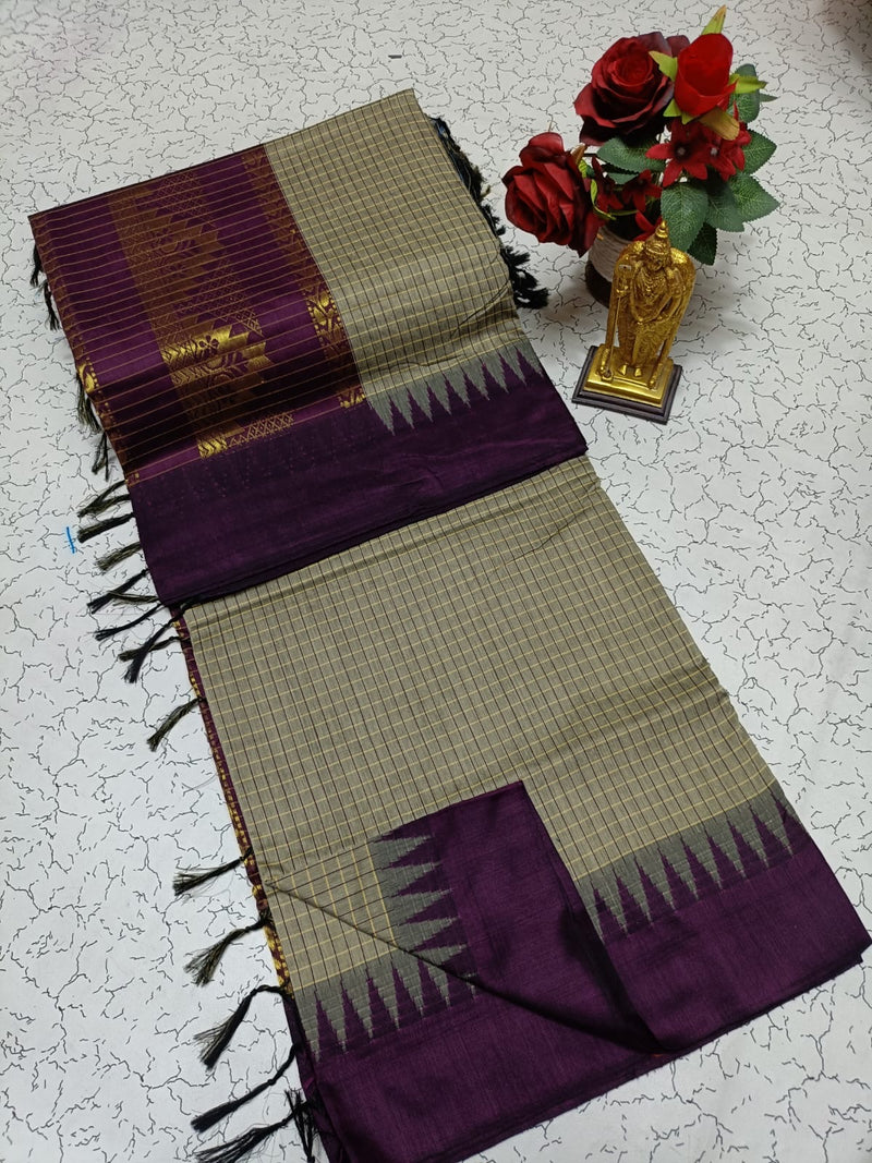 Kalyani Cotton Saree in Beige with Deep Purple Contrast Border and Traditional Zari Work Pallu for Classic Look