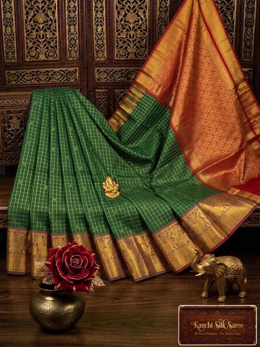 Kanchi Silk gold zari checked dark Green and gold saree