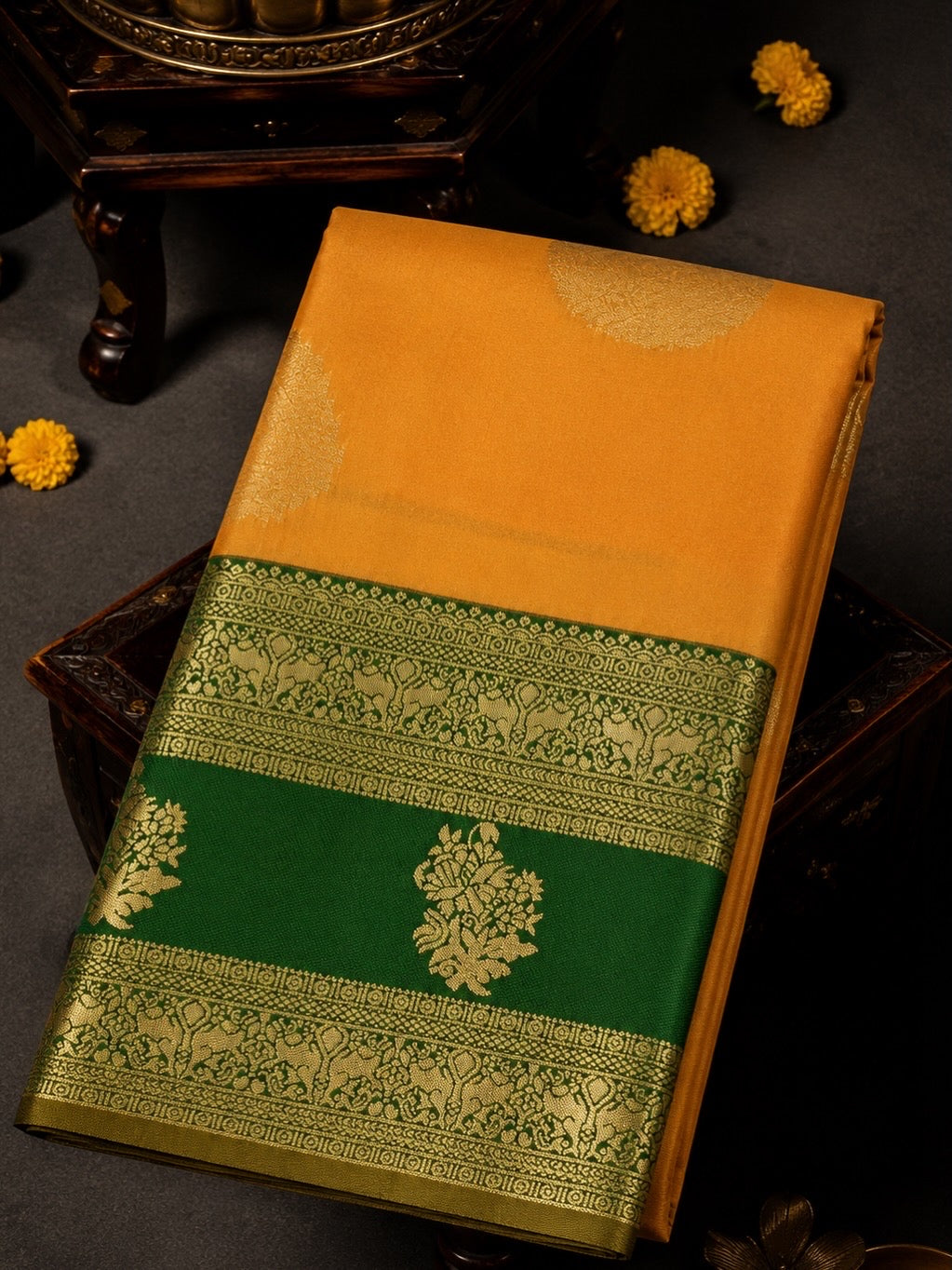 Premium Semi Kanchi Soft Silk Saree – Honey Gold with Olive Green Border | Sri Nandhini Tex | SNTKS17