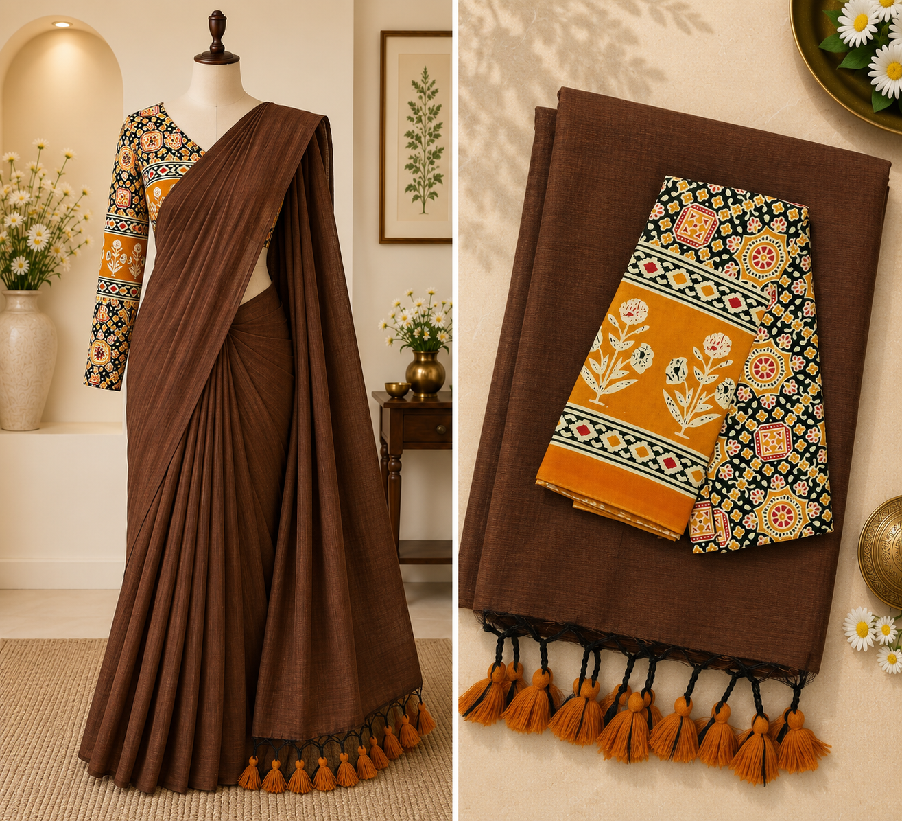 Khadi Cotton Saree with Kalamkari Blouse | Coffee Brown | Sri Nandhini Tex | Code: SNTCK105