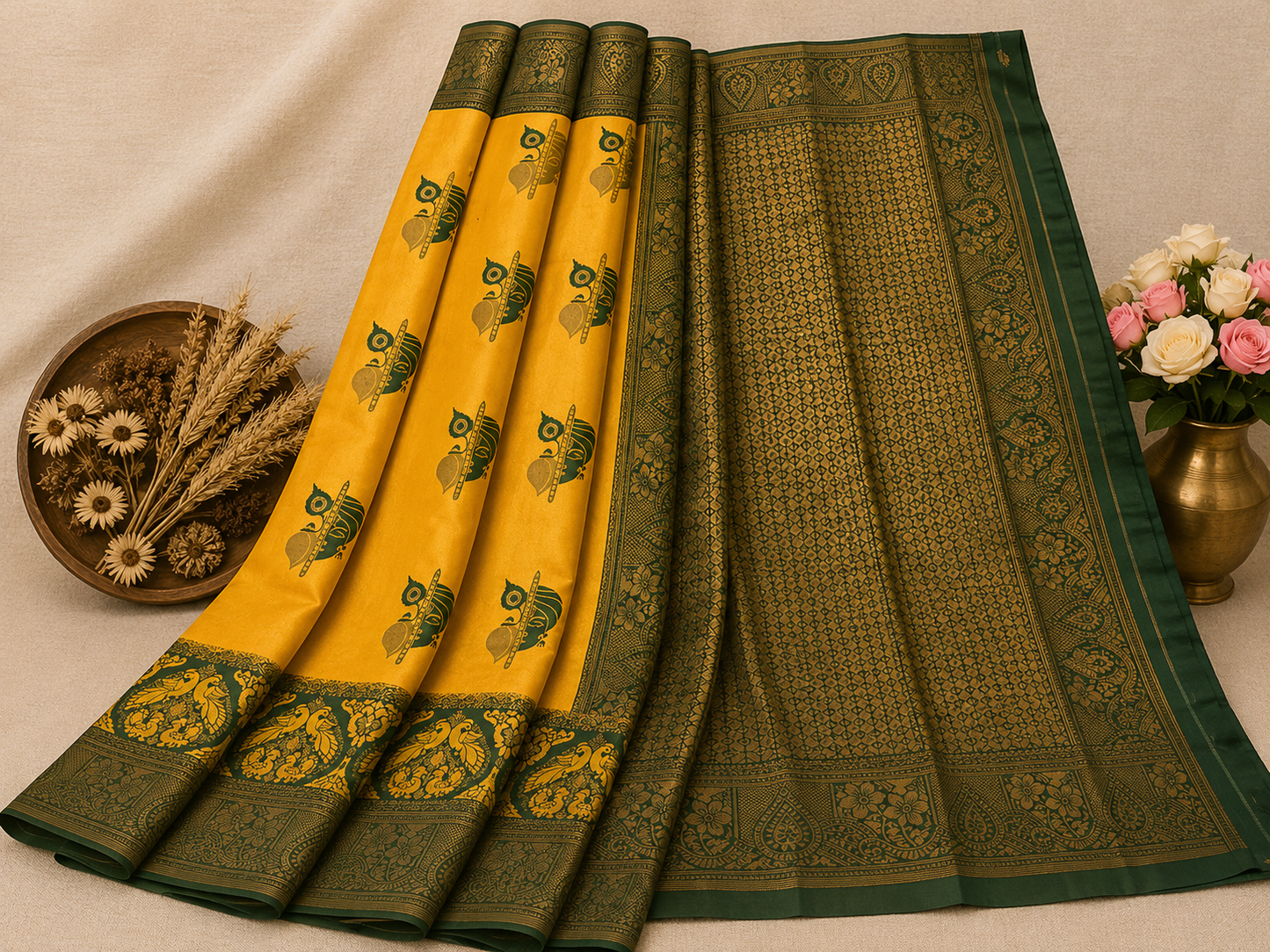Mayura Silk Saree | Elegant Festive Wear Soft Finish | Mustard Yellow & Bottle Green | Sri Nandhini Tex | MYS007