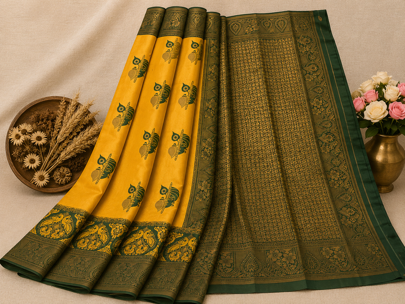 Mayura Silk Saree | Elegant Festive Wear Soft Finish | Mustard Yellow & Bottle Green | Sri Nandhini Tex | MYS007