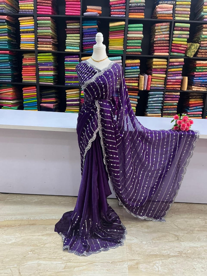 Premium Space Silk Designer Saree – Royal Purple with Stone Work Border | Sri Nandhini Tex | SNTSS001
