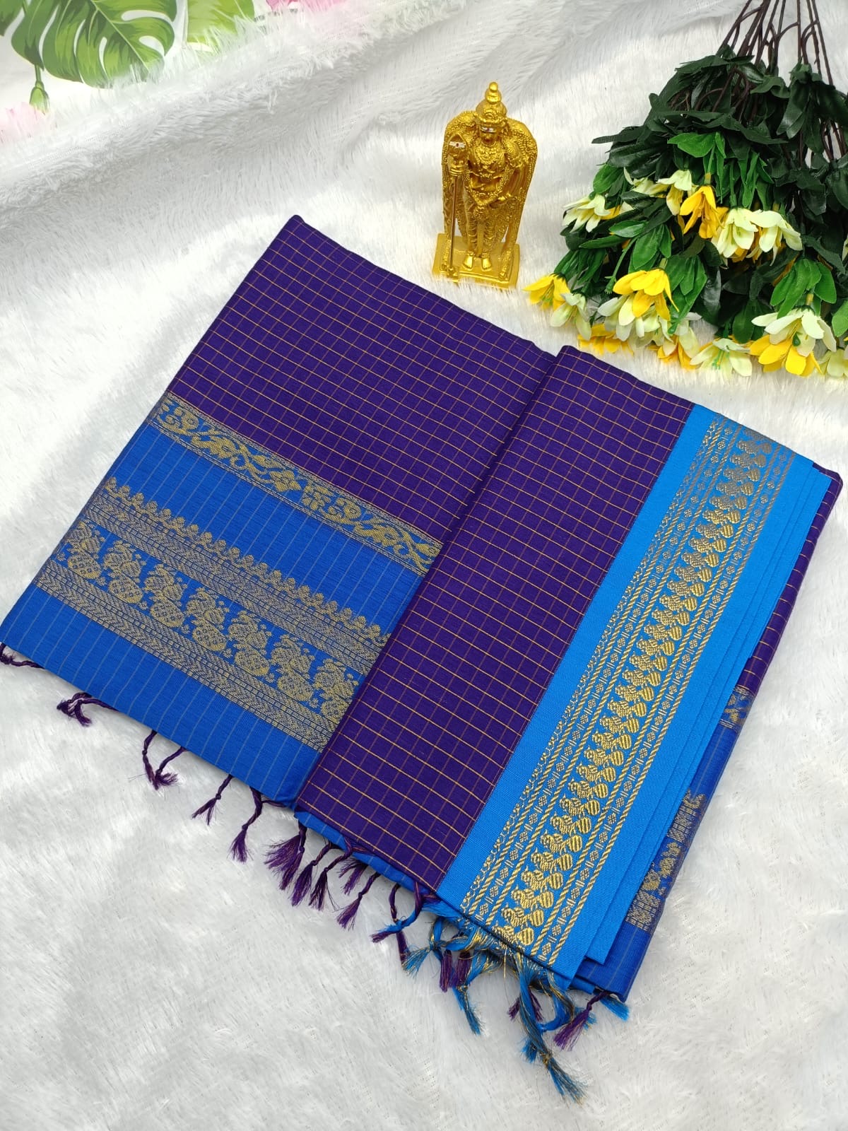 Kalyani Cotton Saree Combo in Purple and Royal Blue with Contrast Zari Borders and Rich Traditional Pallu Design