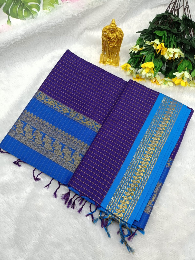 Kalyani Cotton Saree Combo in Purple and Royal Blue with Contrast Zari Borders and Rich Traditional Pallu Design
