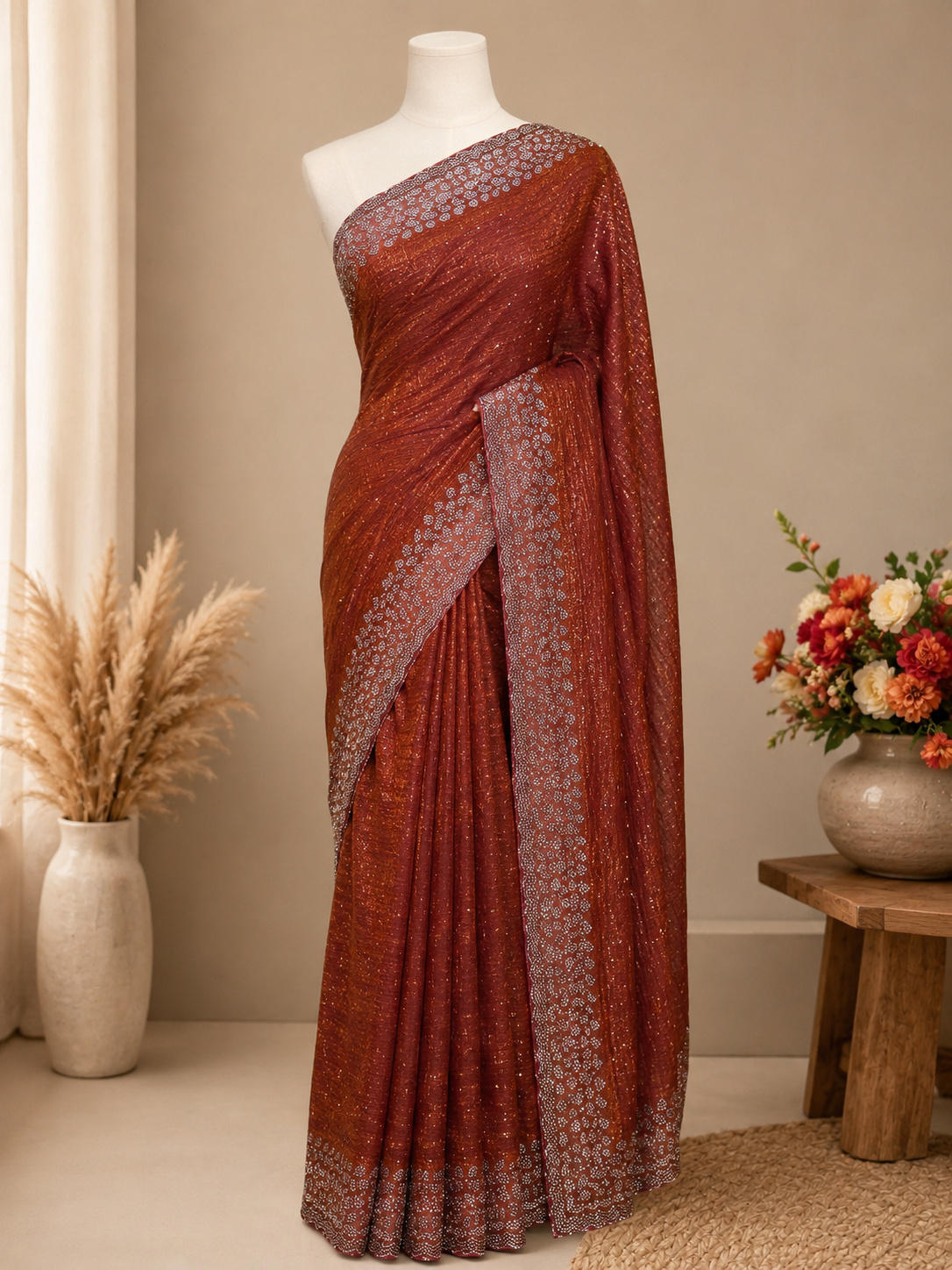 Premium Space Silk Saree – Brick Red with Silver stone Leaf Border | Traditional Wedding Silk Saree | Sri Nandhini Tex | SNTLS01
