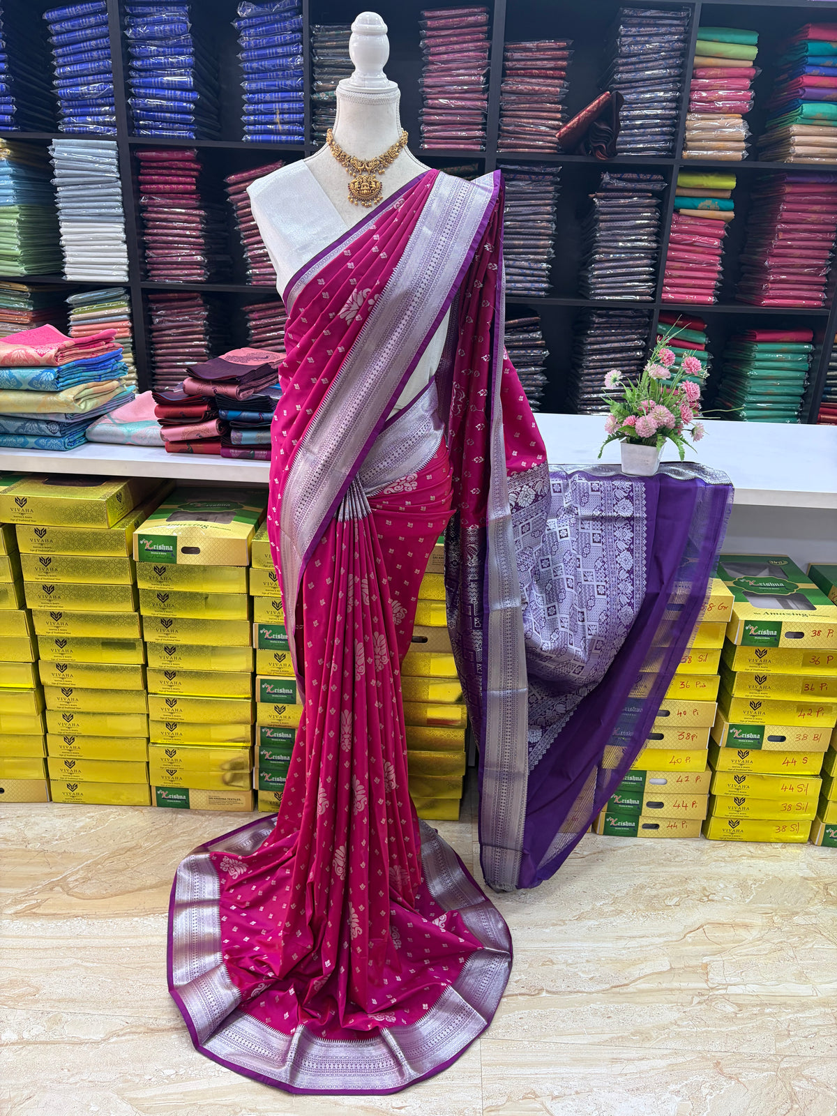 Elampillai Premium Soft Silk Saree – Rani Pink & Purple | Sri Nandhini Tex | Code: SNTESS002