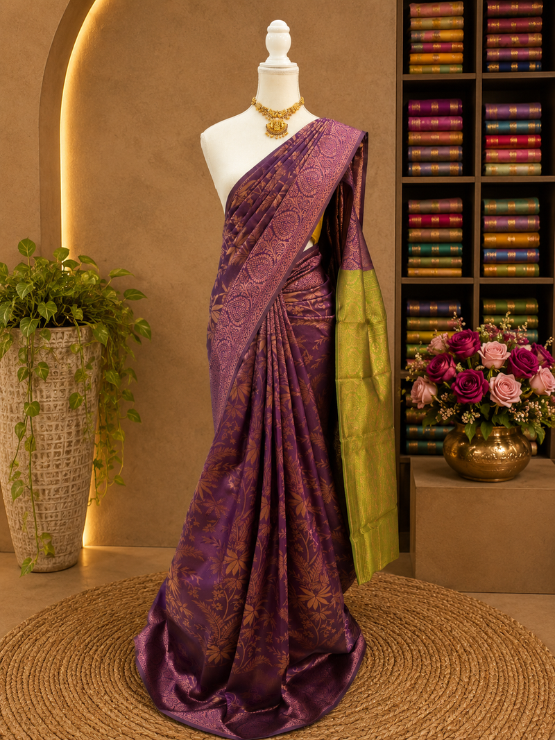 Latest Premium Soft Silk Saree – Royal Purple with Parrot Green Rich Pallu | Sri Nandhini Tex | SNTKS24