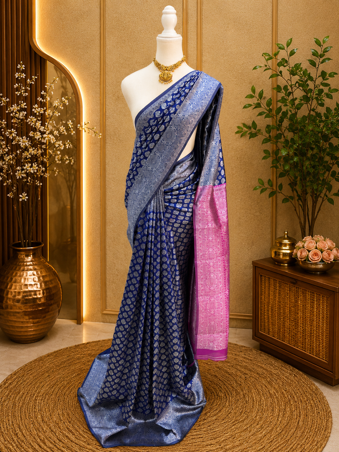 Premium Semi Silk Saree – Navy Blue with pink   Silver Zari Weaving | Sri Nandhini Tex | SNTSS04