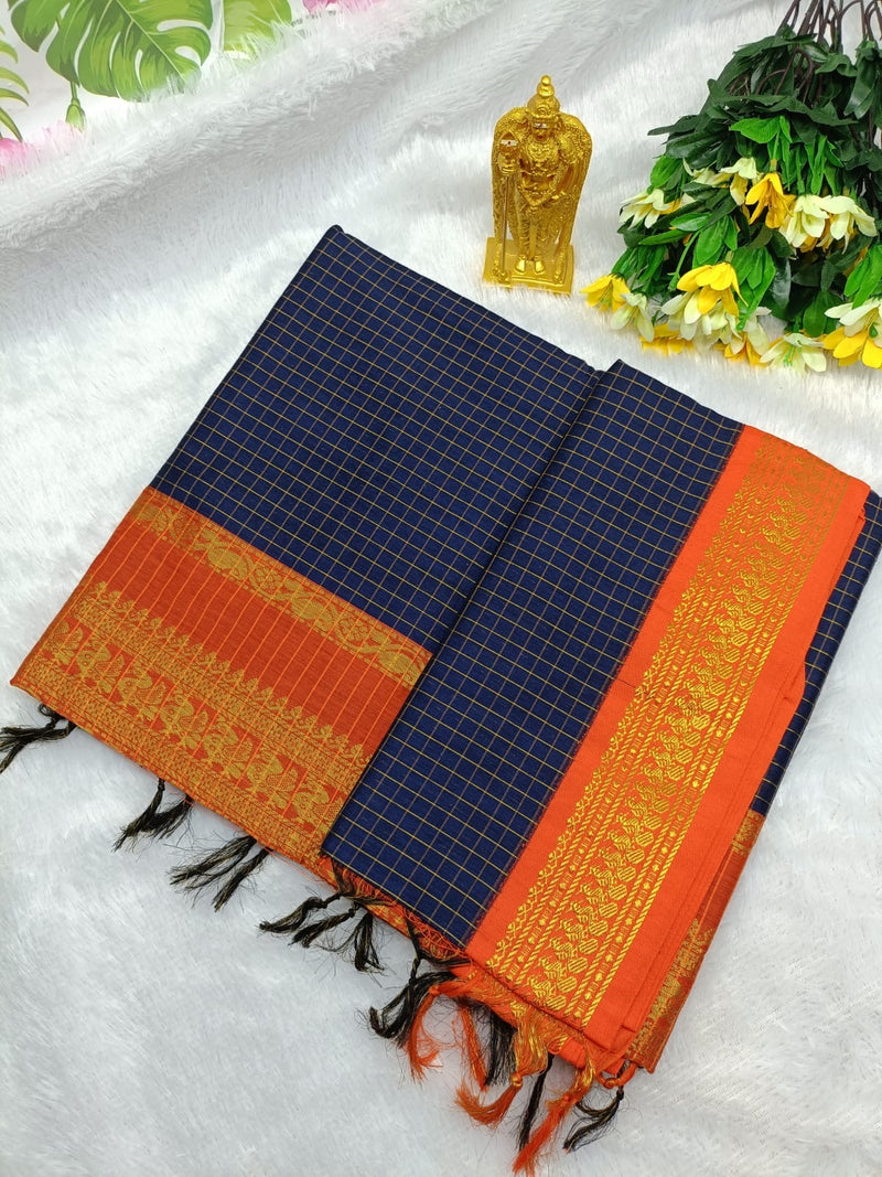 Kalyani Cotton Saree in Navy Blue with Mustard Yellow Contrast Zari Border and Rich Pallu Design for Festive Wear