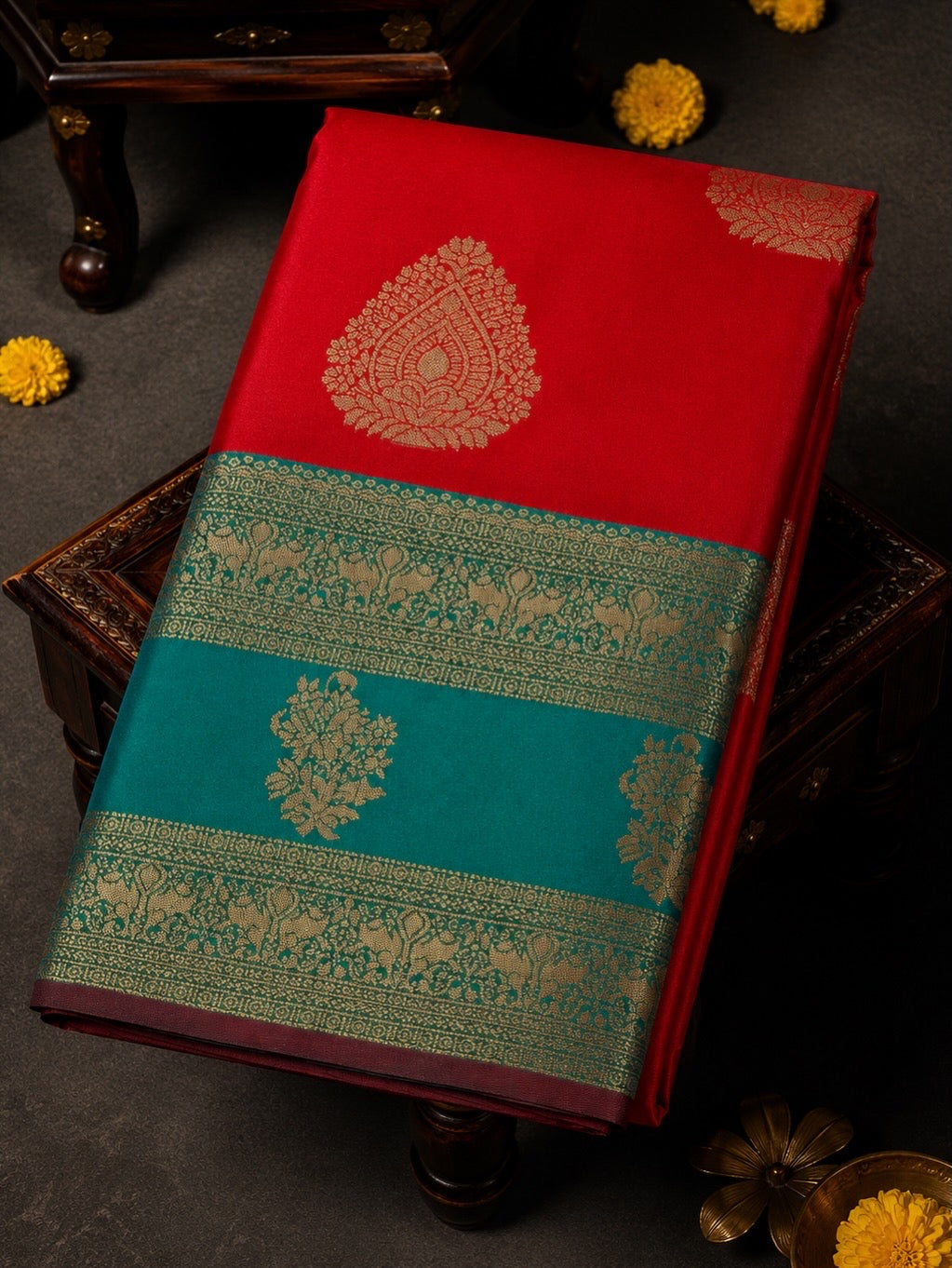 Premium Semi Kanchi Soft Silk Saree – Ruby Red with Aqua Green Border | Sri Nandhini Tex | SNTKS14