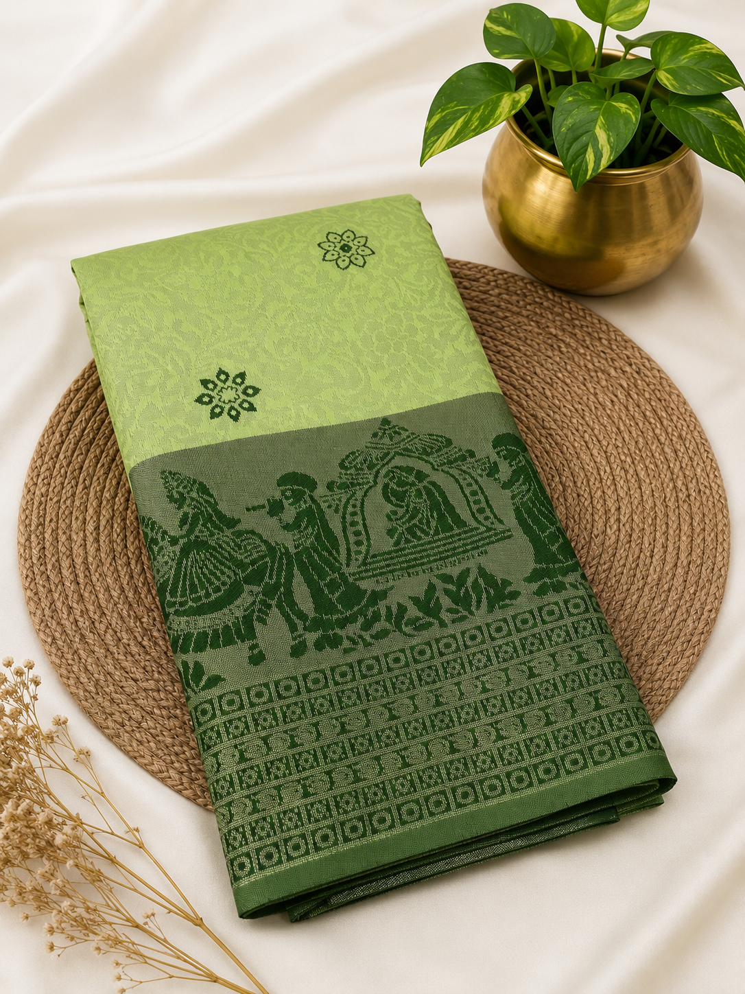 Premium Pallaku Silk Saree –pistachio Green with Dark Green Contrast | Festive Silk Saree | Sri Nandhini Tex | SNTS006