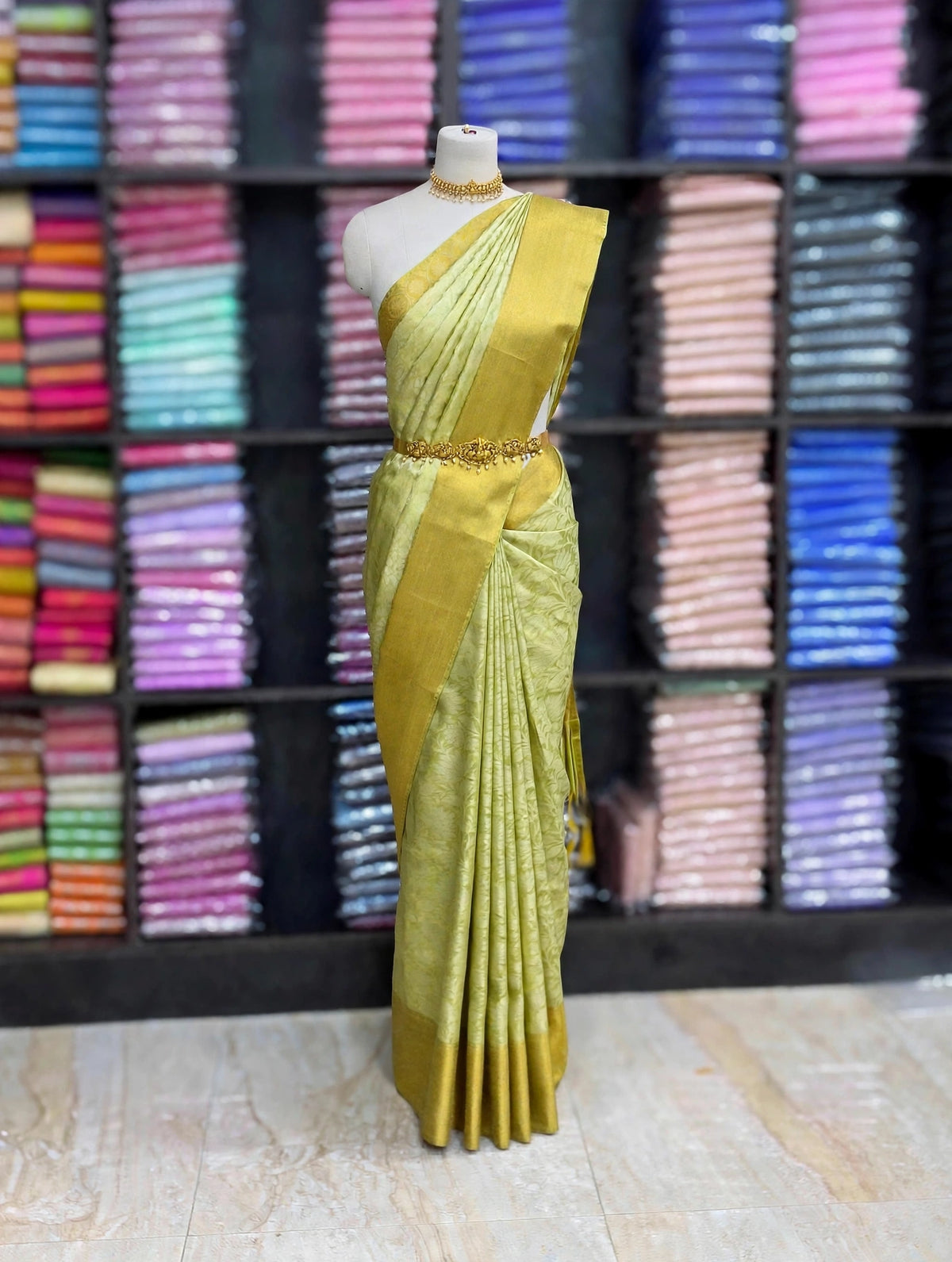 Premium Tissue Silk Saree in Pastel Pistachio Green with Antique Gold Zari Border | SNTTS701 | Sri Nandhini Tex