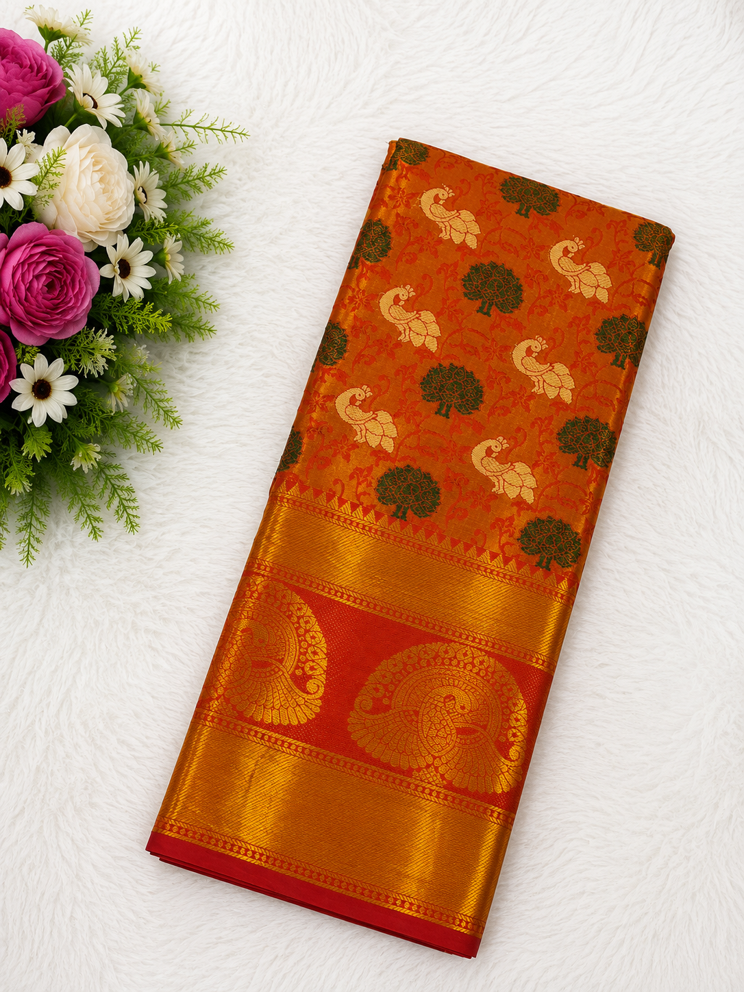 Rust Orange
Peacock Tissue Soft Silk | Rust Orange | Elegant Festive Wear | Hot Selling @ Just ₹299 | Sri Nandhini Tex | Code: SNTPOS02