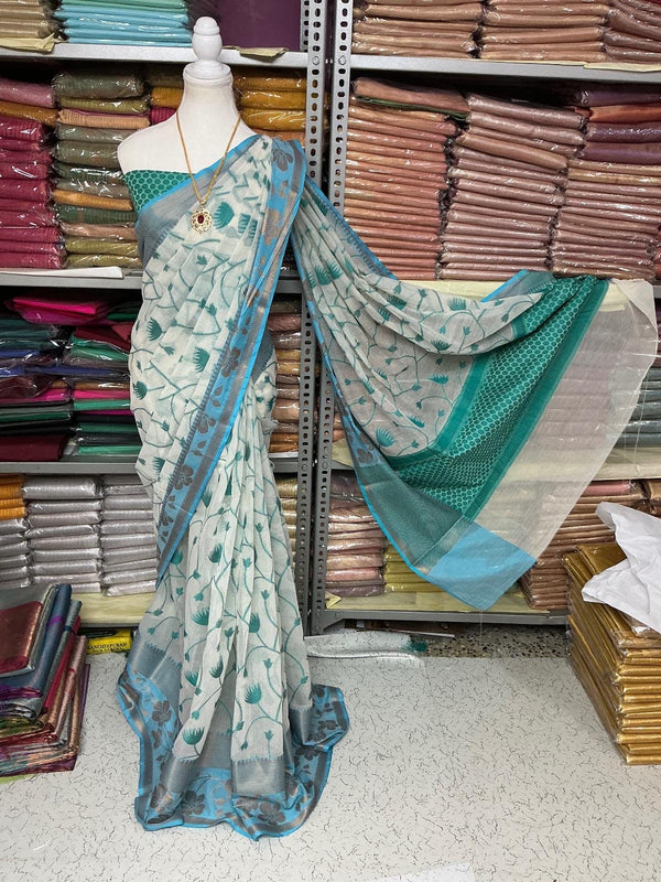 Semi Kanchipuram Soft Cotton Saree – White with Blue Floral Zari