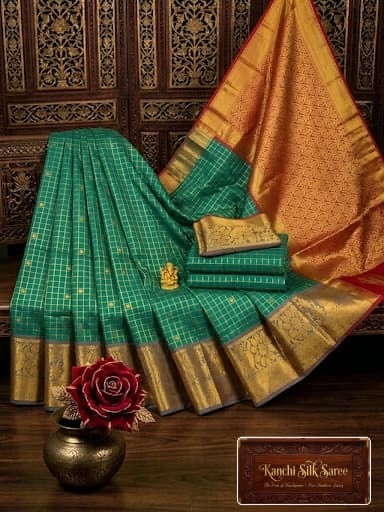 Kanchi Silk gold zari checked Green and gold saree