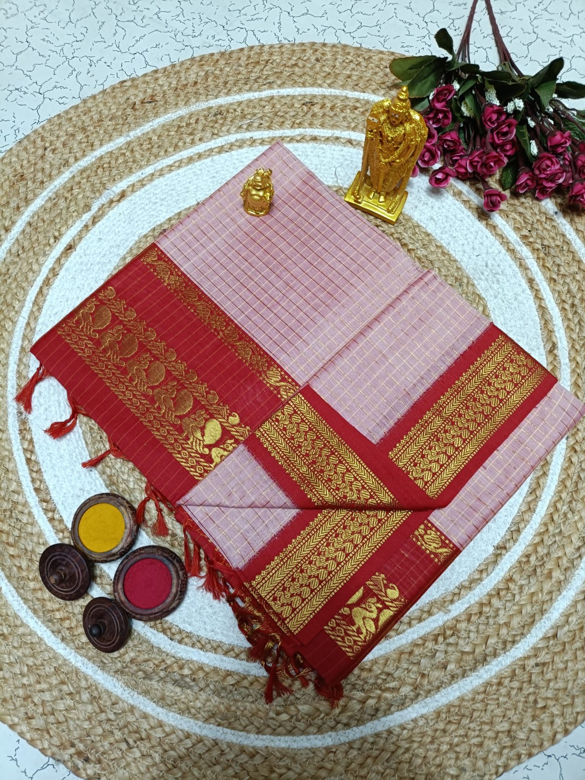 Kalyani Soft Cotton Saree in Baby Pink with Rich Red Zari Border and Traditional Elephant Motif Pallu for Festive Wear