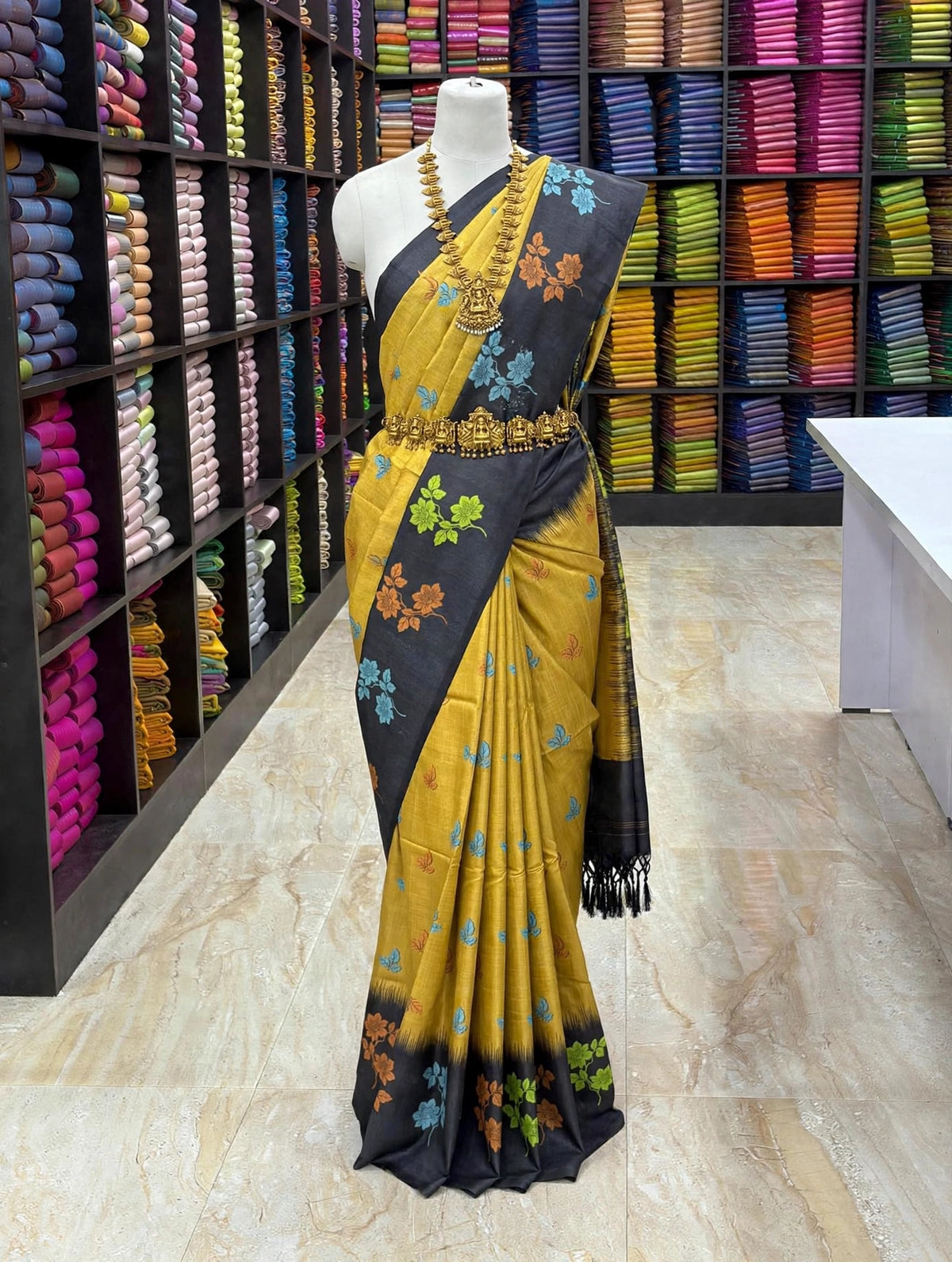 Tussar Soft Silk Saree | Floral Printed Soft Silk Saree | Elegant Contrast Pallu Saree | Sri Nandhini Tex