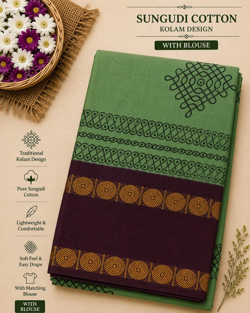 Premium Sungudi Cotton Kolam Design Saree – Leaf Green with Maroon Contrast Border | Sri Nandhini Tex | SNTSC001