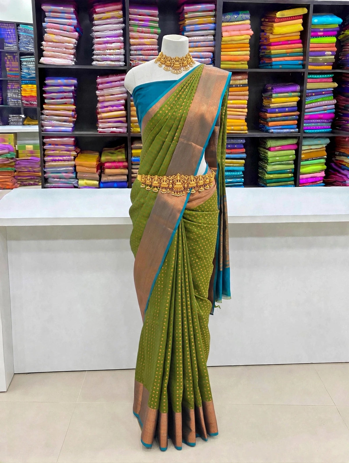 Premium Thousand Buttas Saree – Olive Green with Teal Blue Contrast | Festive Elegance Saree | Sri Nandhini Tex | SNTB007