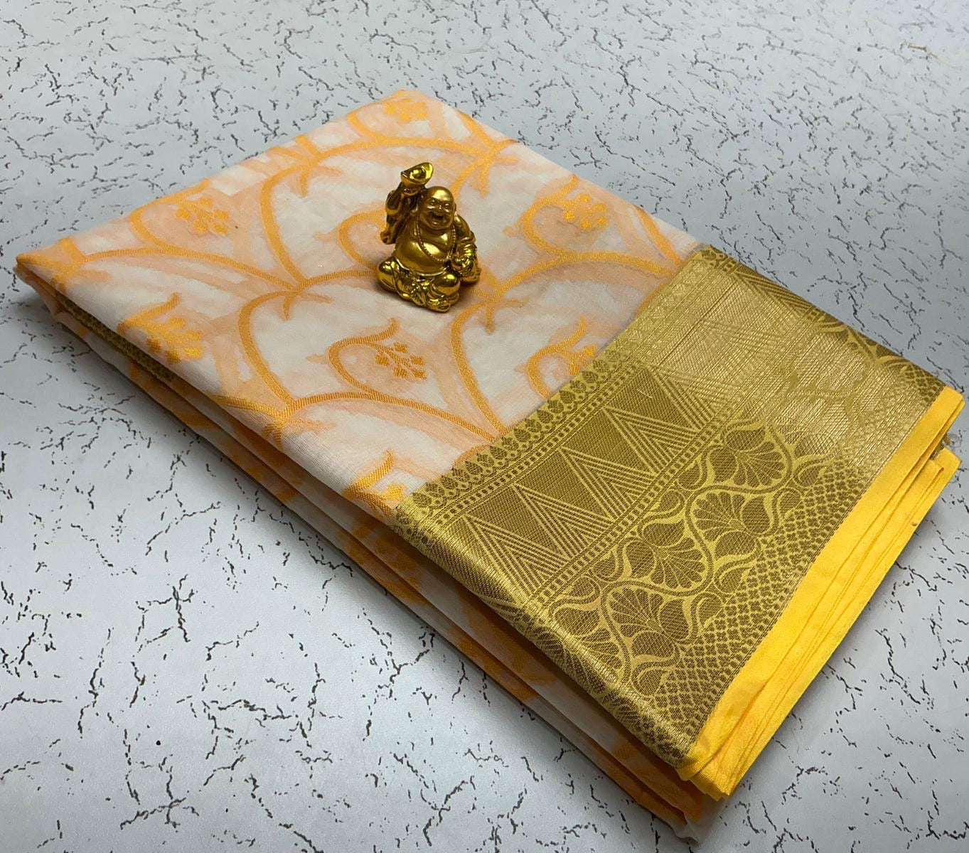 Semi Kanchipuram Soft Cotton Saree – White with Yellow Zari Border