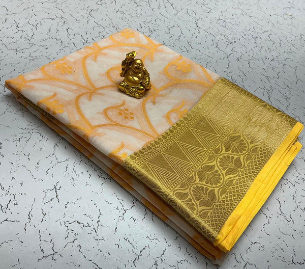 Semi Kanchipuram Soft Cotton Saree – White with Yellow Zari Border