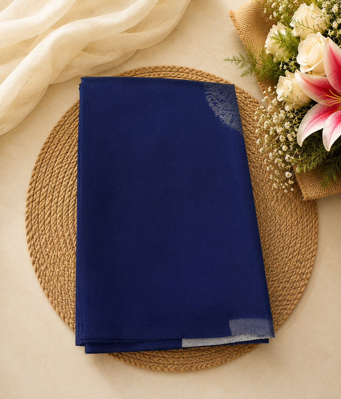 Semi Soft Silk Offer Saree | Royal Blue | Elegant Silver Border | Sri Nandhini Tex | Code: SNTAOS17