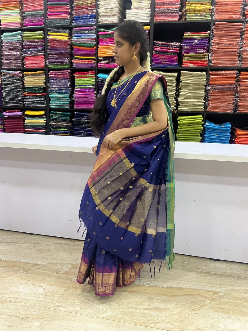 Premium Kanchi Soft Silk Saree – Indigo Blue with Copper Gold Zari Border | Festive Silk Saree | Sri Nandhini Tex | SNTPSN01