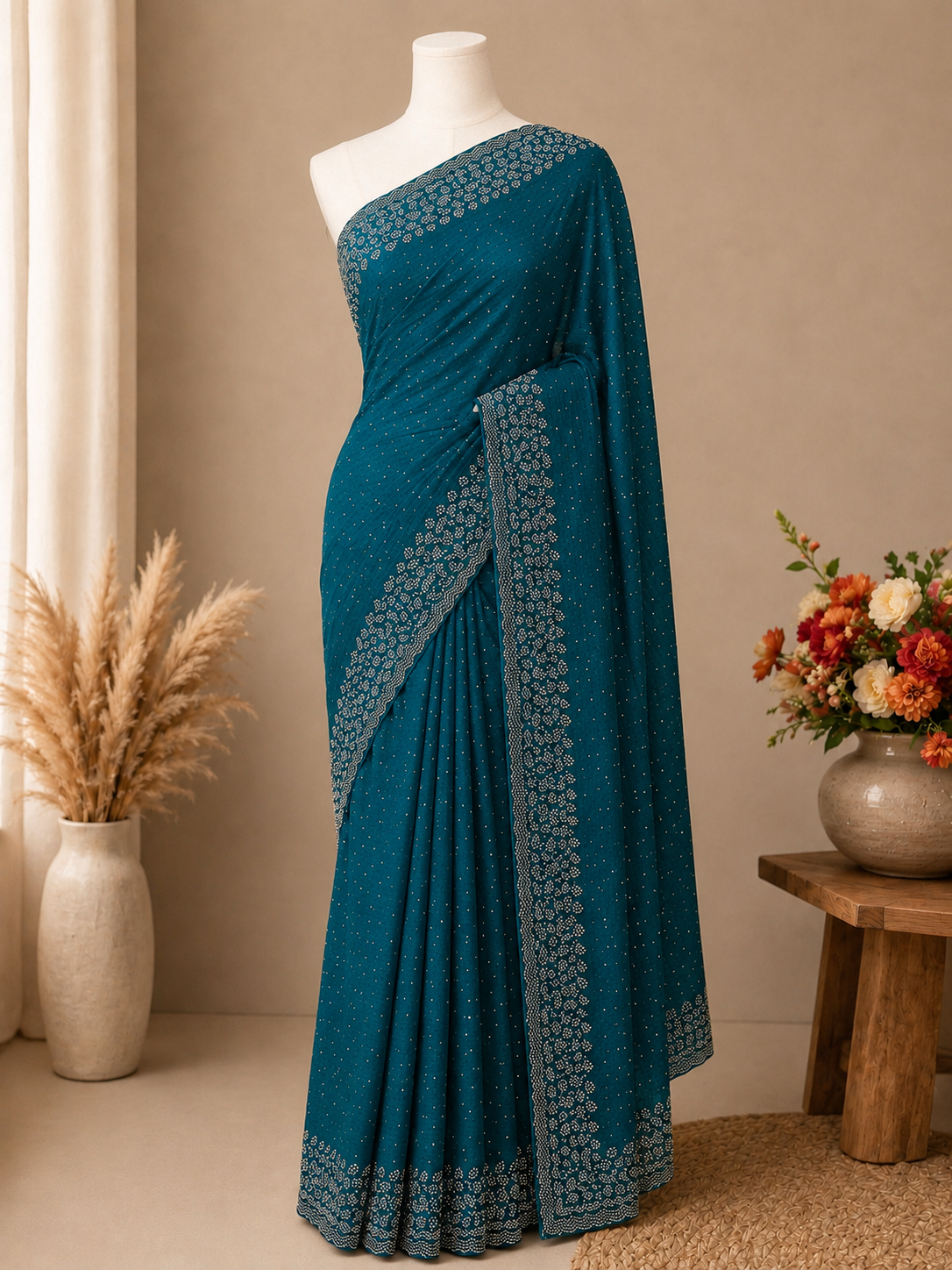 Premium Space Silk Saree – Teal Blue with Silver Leaf Border | Elegant Party Wear Saree | Sri Nandhini Tex | SNTLS02