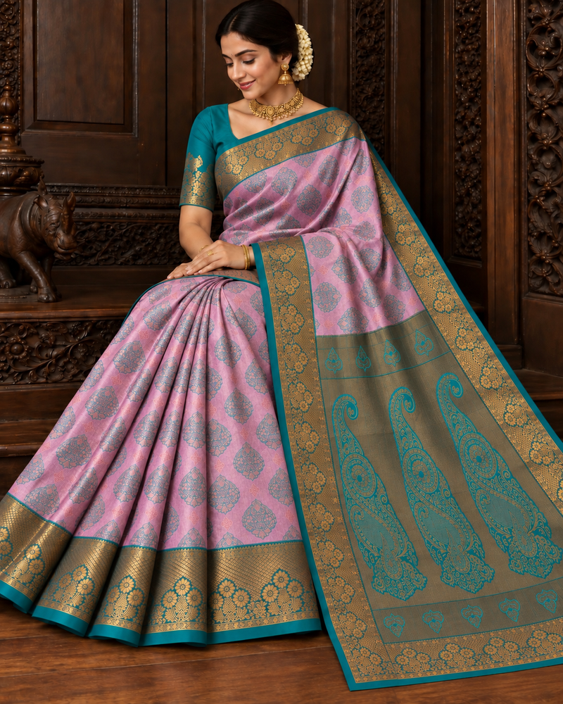 VIVAHA Pattu Saree for Women | Pink & Teal Green Contrast | Premium Wedding Silk Saree | Rich Zari Border & Grand Pallu | With Blouse Piece | Direct Manufacturing – Sri Nandhini Tex