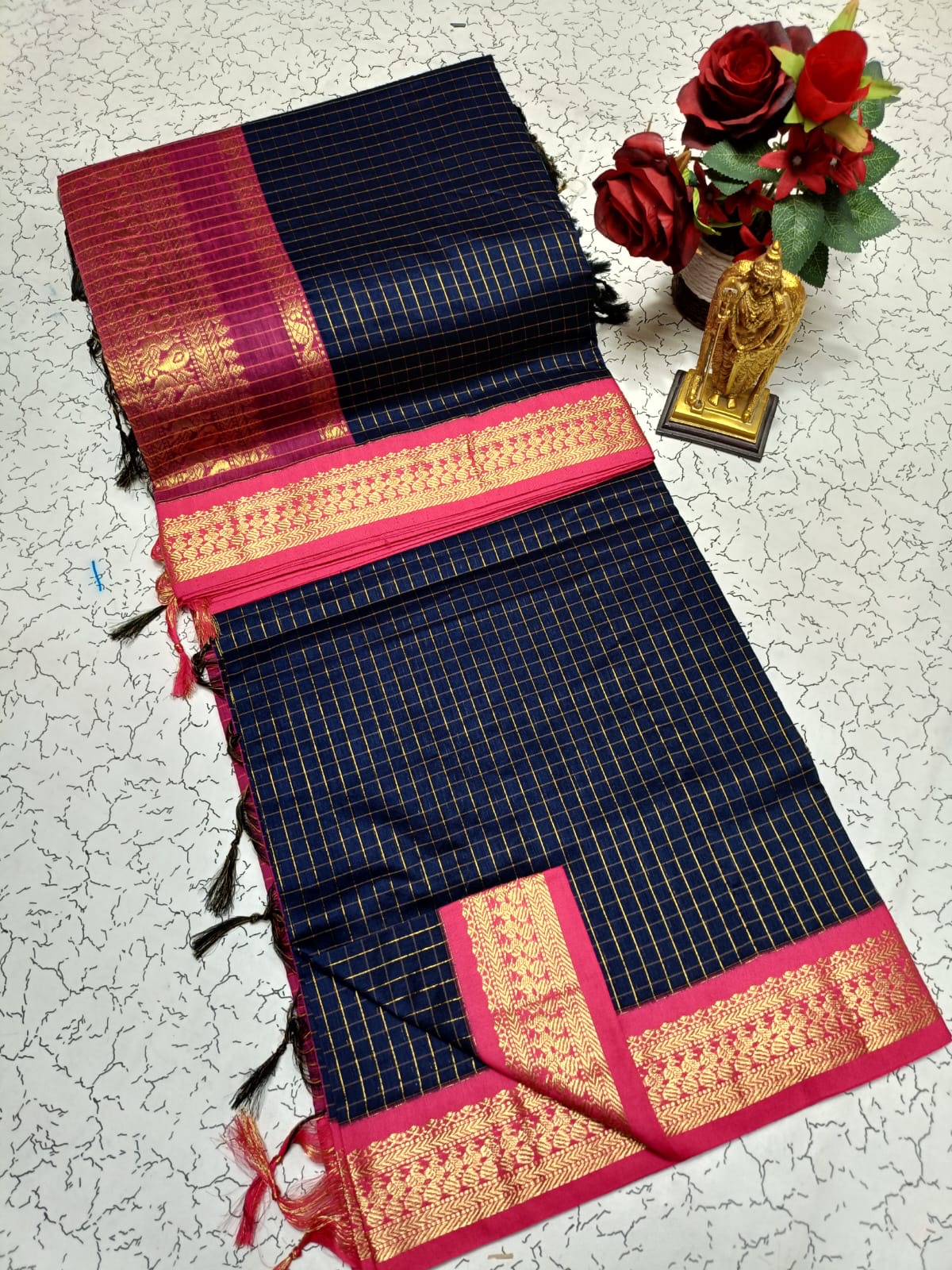Kalyani Cotton Saree in Navy Blue with Bright Pink Contrast Zari Border and Elegant Check Design for Festive Wear