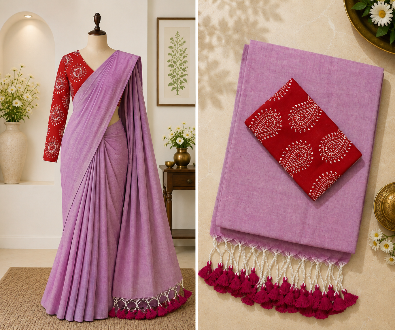 Khadi Cotton Saree with Kalamkari Blouse | Lavender pink| Sri Nandhini Tex | Code: SNTCK108