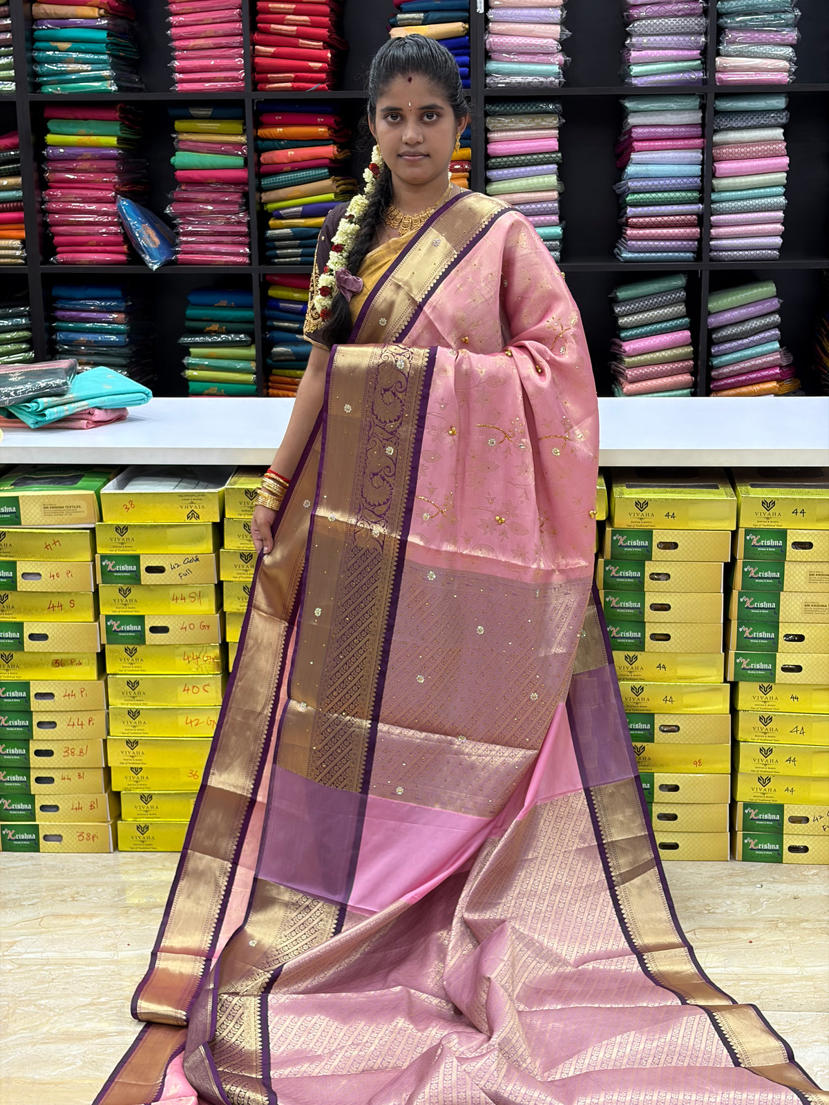 Premium Banaras Katan Silk Saree | Trending Pink Saree with Rich Golden Zari Weaving & Purple Border | SNTBS86