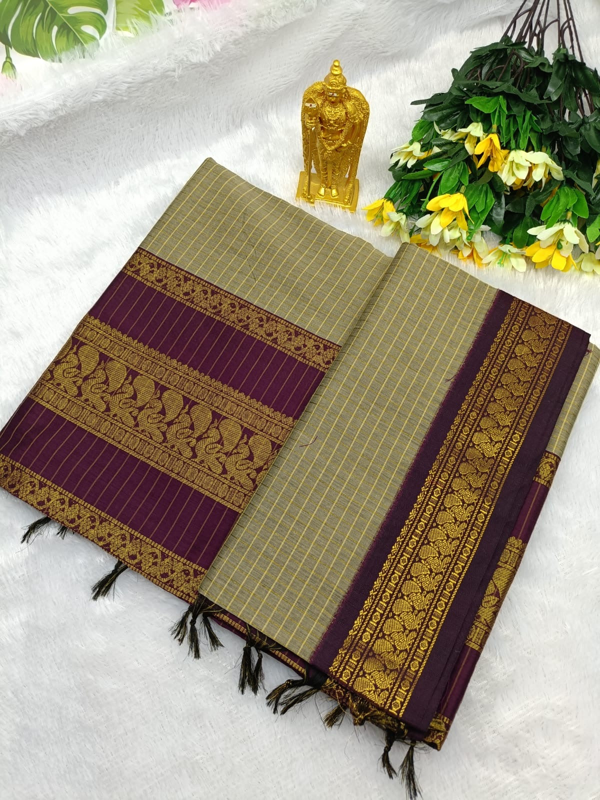 Kalyani Cotton Saree in Beige with Maroon Contrast Elephant Motif Zari Border and Traditional Pallu for Classic Ethnic Look