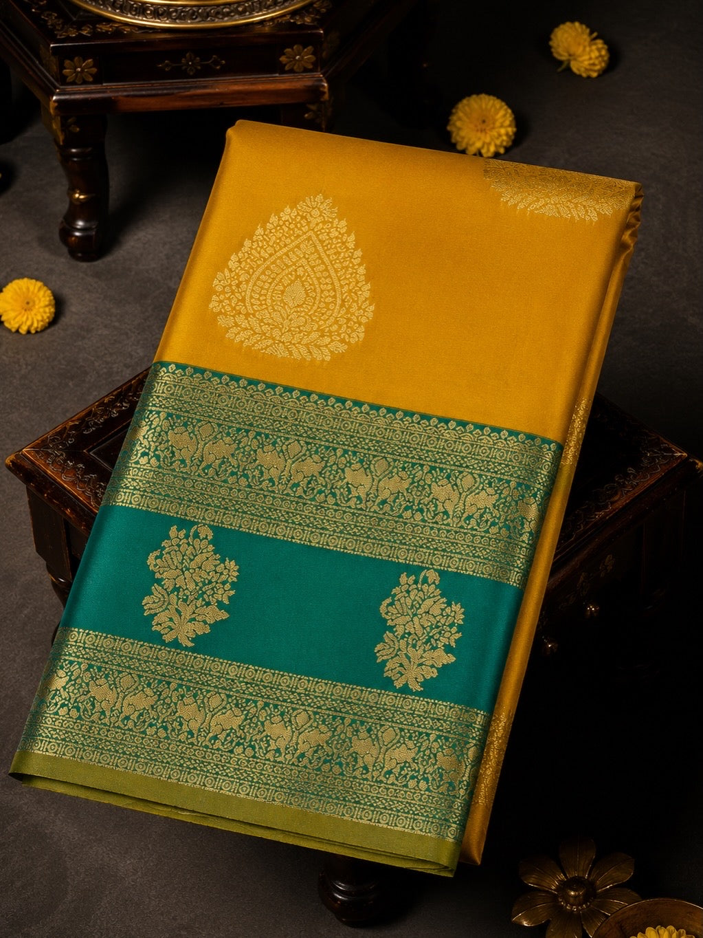 Premium Semi Kanchi Soft Silk Saree – Mustard Yellow with Aqua Green Border | Sri Nandhini Tex | SNTKS18