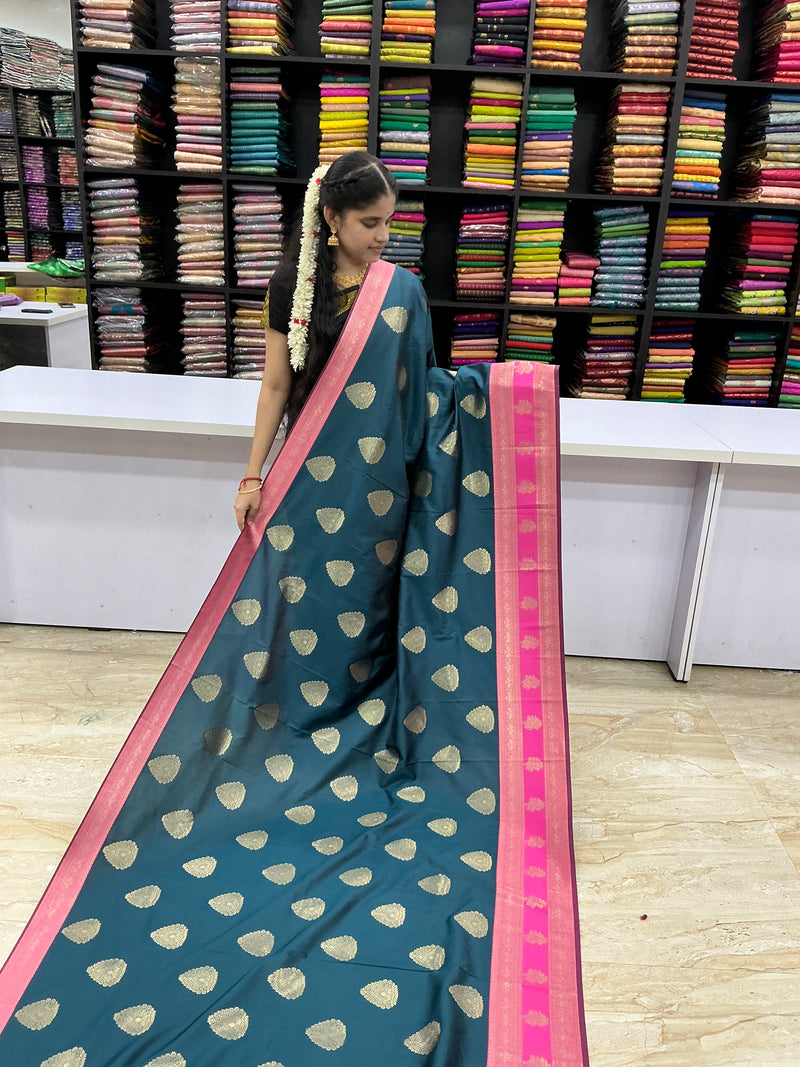 Premium Semi Kanchi Soft Silk Saree – Peacock Blue with Orchid Pink Border | Sri Nandhini Tex | SNTKS16