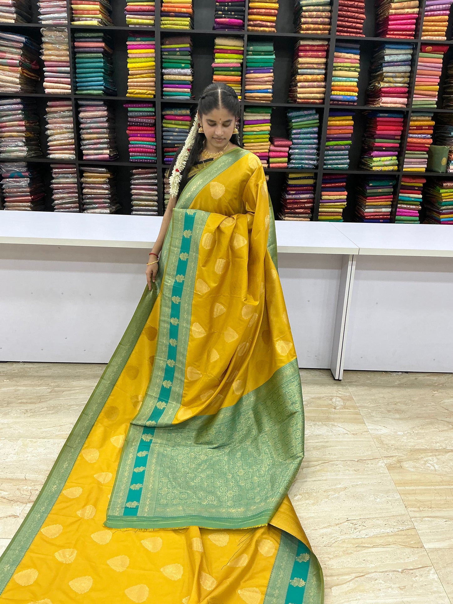 Premium Semi Kanchi Soft Silk Saree – Mustard Yellow with Aqua Green Border | Sri Nandhini Tex | SNTKS18