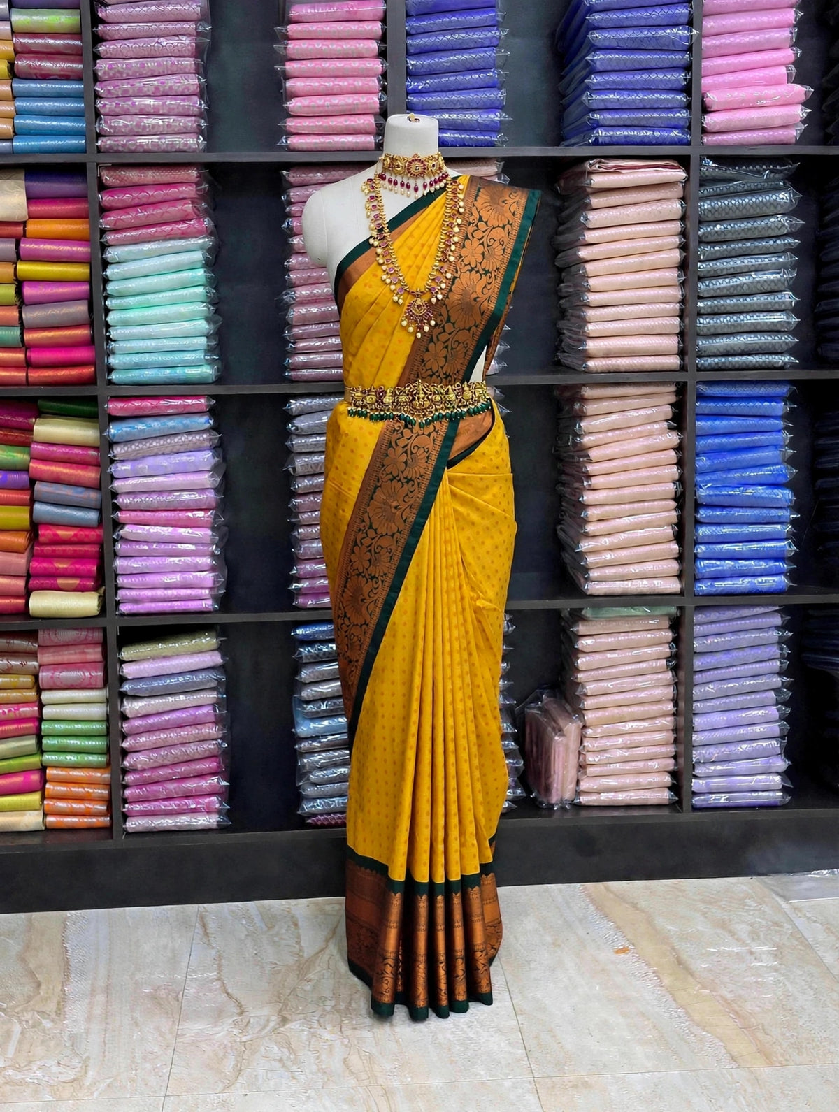 Premium Elampillai Yellow Silk Saree with Bottle Green Contrast Floral Zari Border | Wedding & Festive Collection | SNTYS001