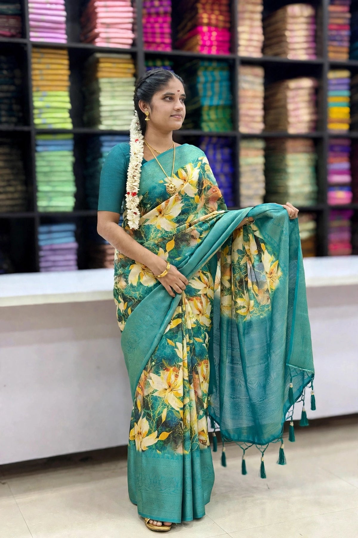 Teal Blue Floral Print Designer Saree with Broad Border & Tassel Pallu | SNTFL104 | Sri Nandhini Tex