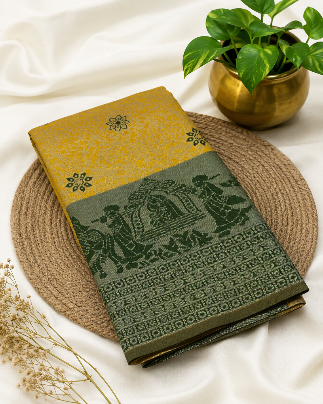 Premium Pallaku Silk Saree – Mustard Yellow with Forest Green Contrast | Festive Silk Saree | Sri Nandhini Tex | SNTS003