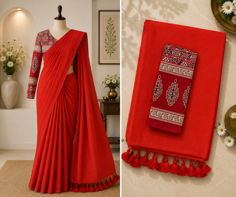 Khadi Cotton Saree with Kalamkari Blouse | Vermilion Red | Sri Nandhini Tex | Code: SNTCK109