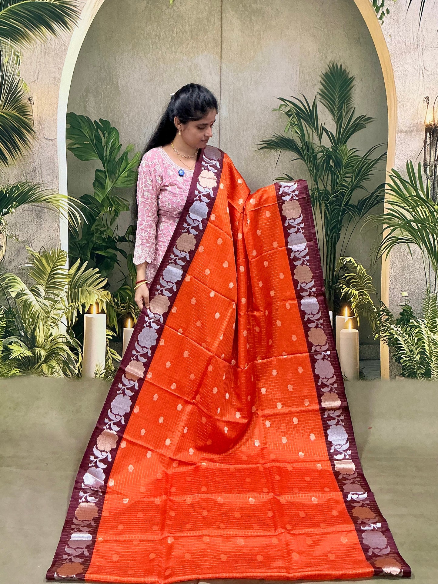 Trending Rust Orange Saree – Premium Soft Silk with Designer Floral Border | Sri Nandhini Tex | SNTRS001