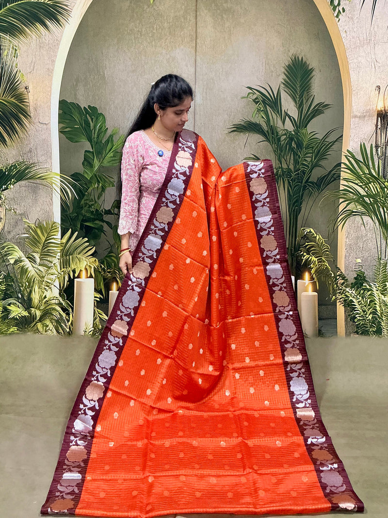 Trending Rust Orange Saree – Premium Soft Silk with Designer Floral Border | Sri Nandhini Tex | SNTRS001