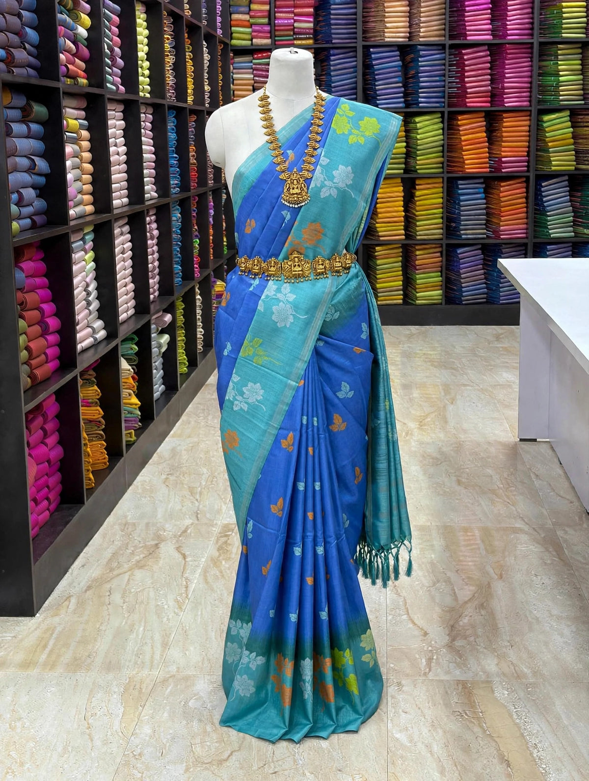 Tussar Soft Silk Saree | Floral Printed Soft Silk Saree | Elegant Contrast Pallu Saree | Sri Nandhini Tex