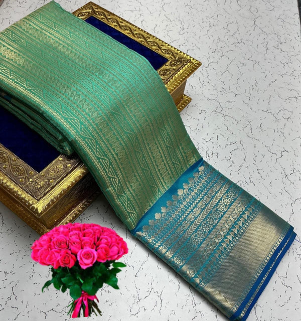 Sneha Inspired Saree – Light Peacock Green with Blue Border