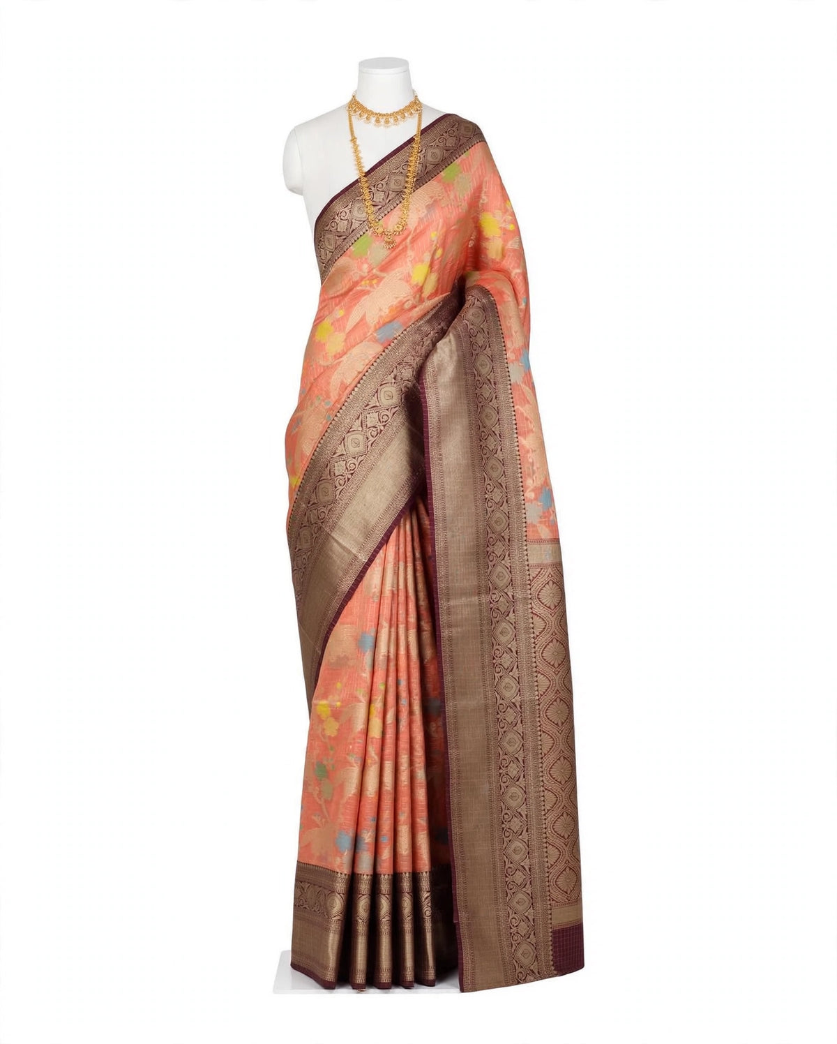 Magic Silk Saree – Peach Floral design with Rich Antique Zari Border | Traditional Festive Wear Sri Nandhini Tex Code: SNTMGS001