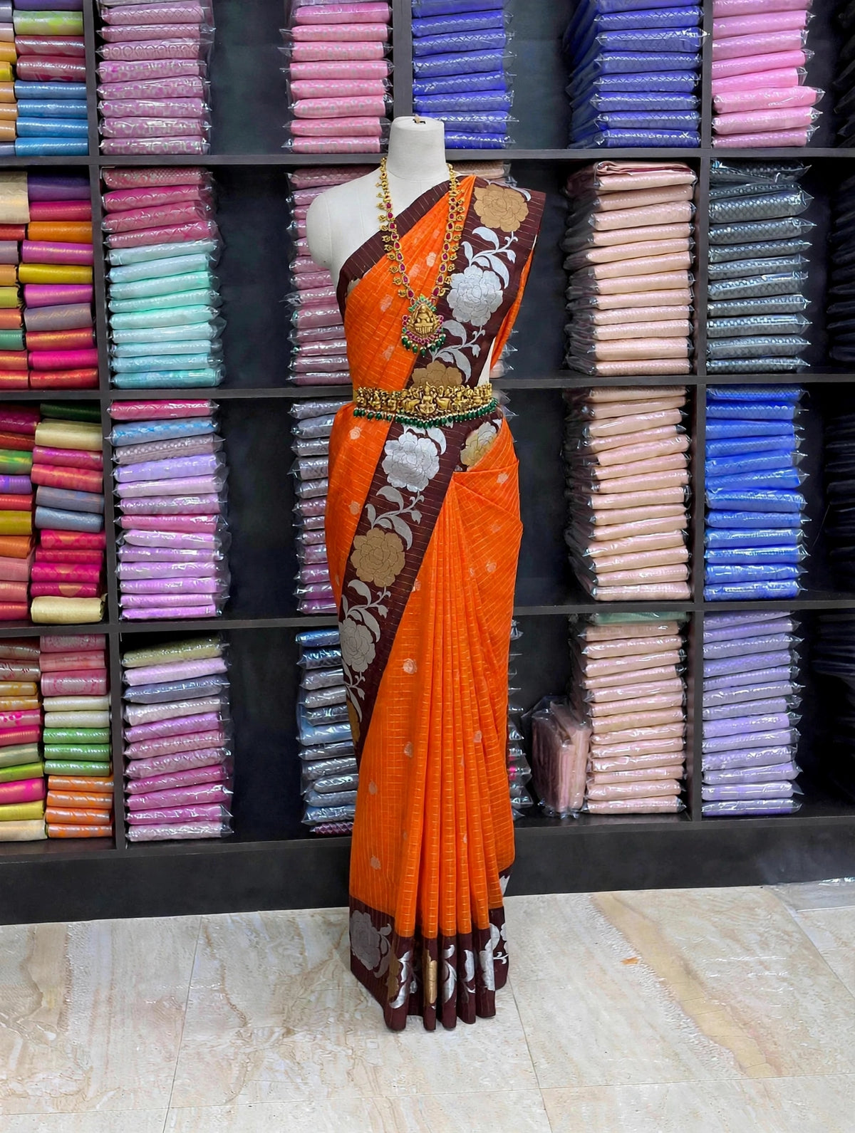 Rust Orange Banaras Silk Saree with Coffee Brown Floral Zari Border | ₹599 | Sri Nandhini Tex Product Code: SNTBS601