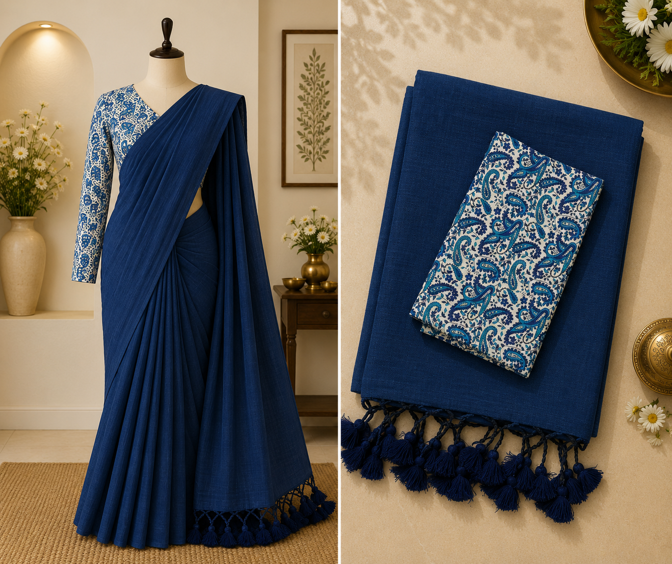 Khadi Cotton Saree with Kalamkari Blouse | Navy Blue | Sri Nandhini Tex | Code: SNTCK111